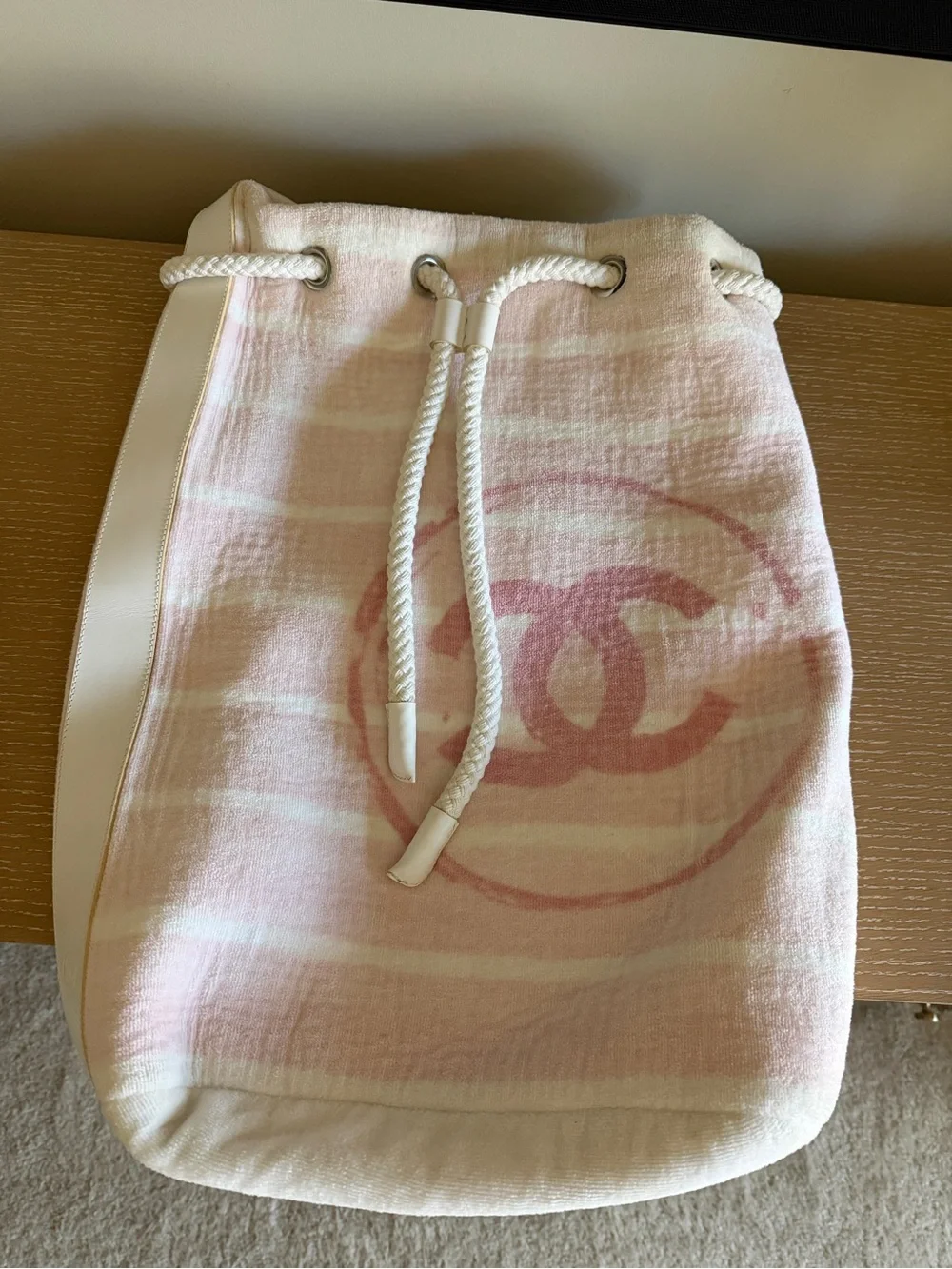 CHANEL Pink and Cream Terry Cloth Backpack Tote